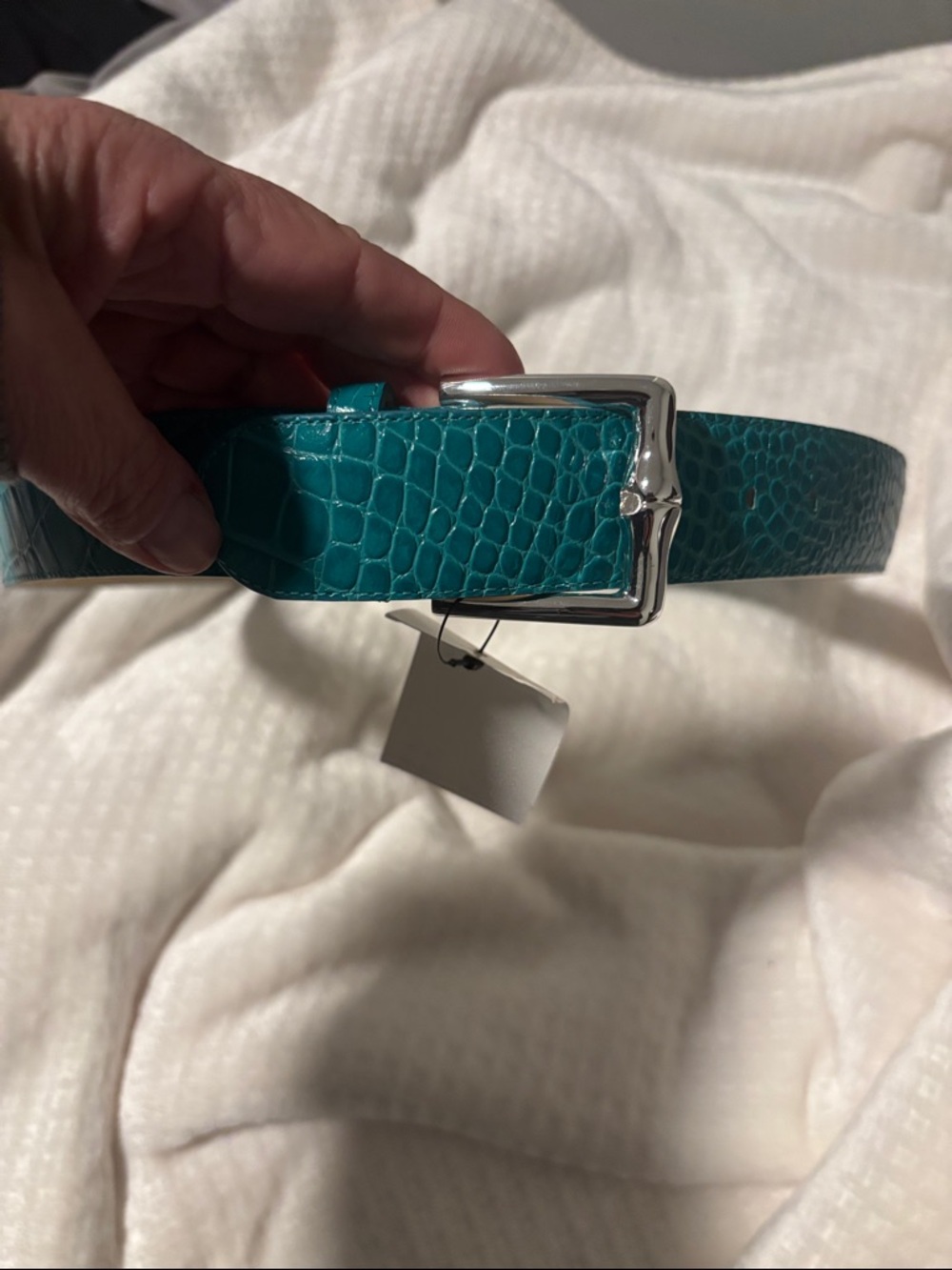 Longchamp Teal Croc-Embossed Leather Belt with Silver Buckle - Picture 2 of 3